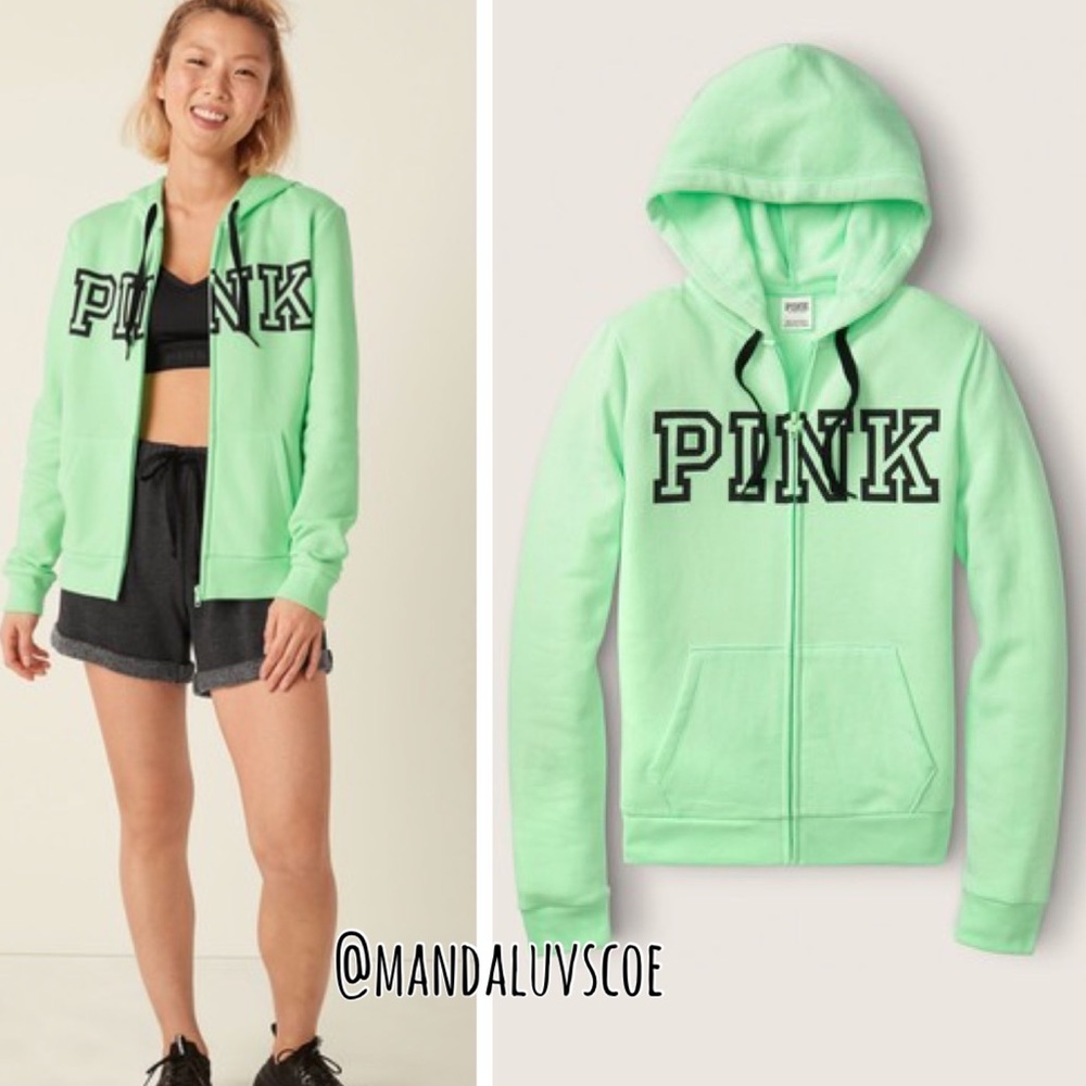 💗VS PINK MINT GREEN & BLACK LOGO FULL ZIP HOODIE